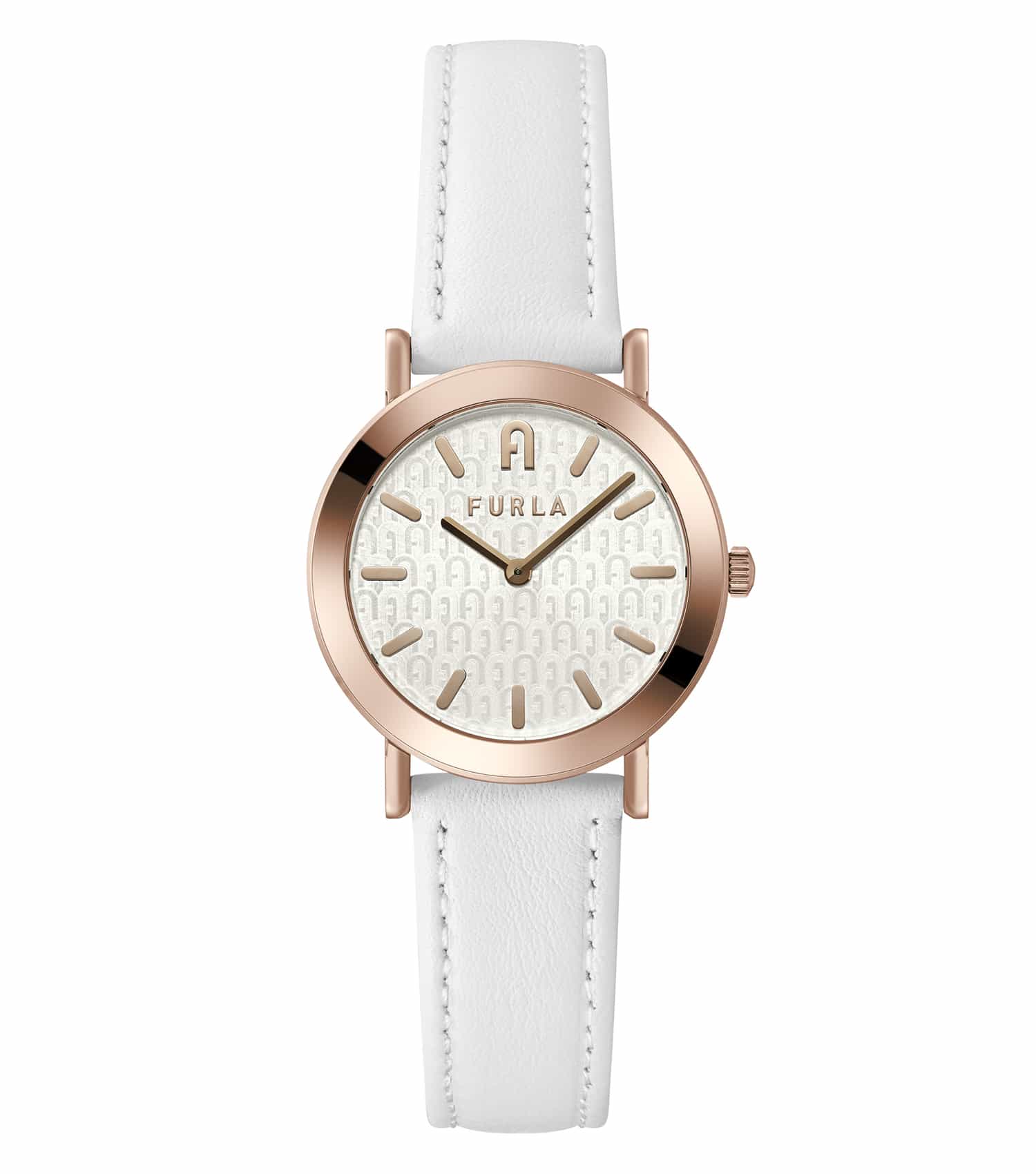 Elegant Furla watch in minimal beige tone, showcasing a sleek, circular dial with delicate strap, captured from a frontal angle.