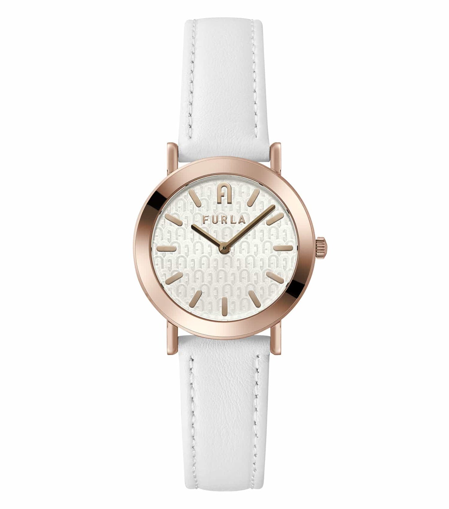 Elegant Furla watch in minimal beige tone, showcasing a sleek, circular dial with delicate strap, captured from a frontal angle.