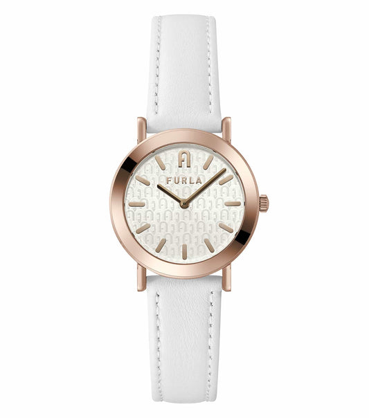 Elegant Furla watch in minimal beige tone, showcasing a sleek, circular dial with delicate strap, captured from a frontal angle.