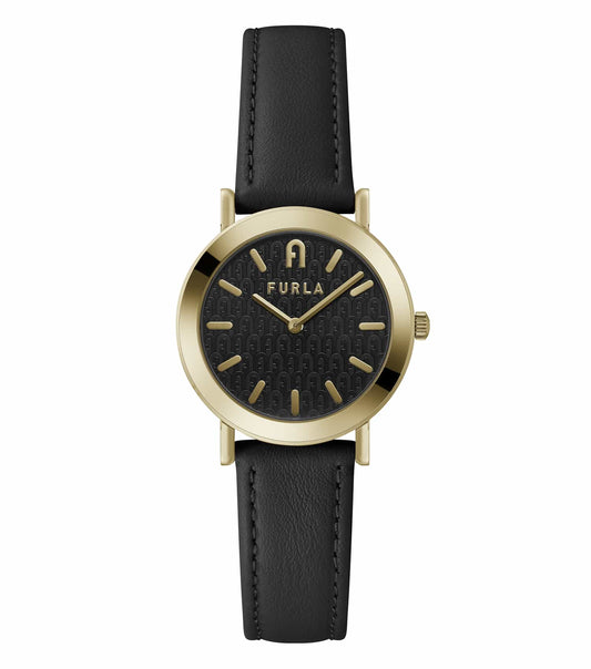 Furla minimalist analog watch with a single-tone design, side angle view; smooth leather band and sleek round dial displayed.