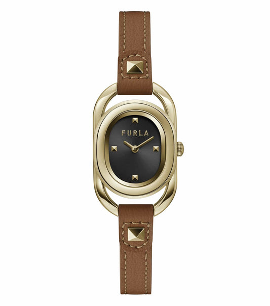 Furla women's watch with gold case, white dial, and beige leather strap, viewed from front angle, stylish simplicity.