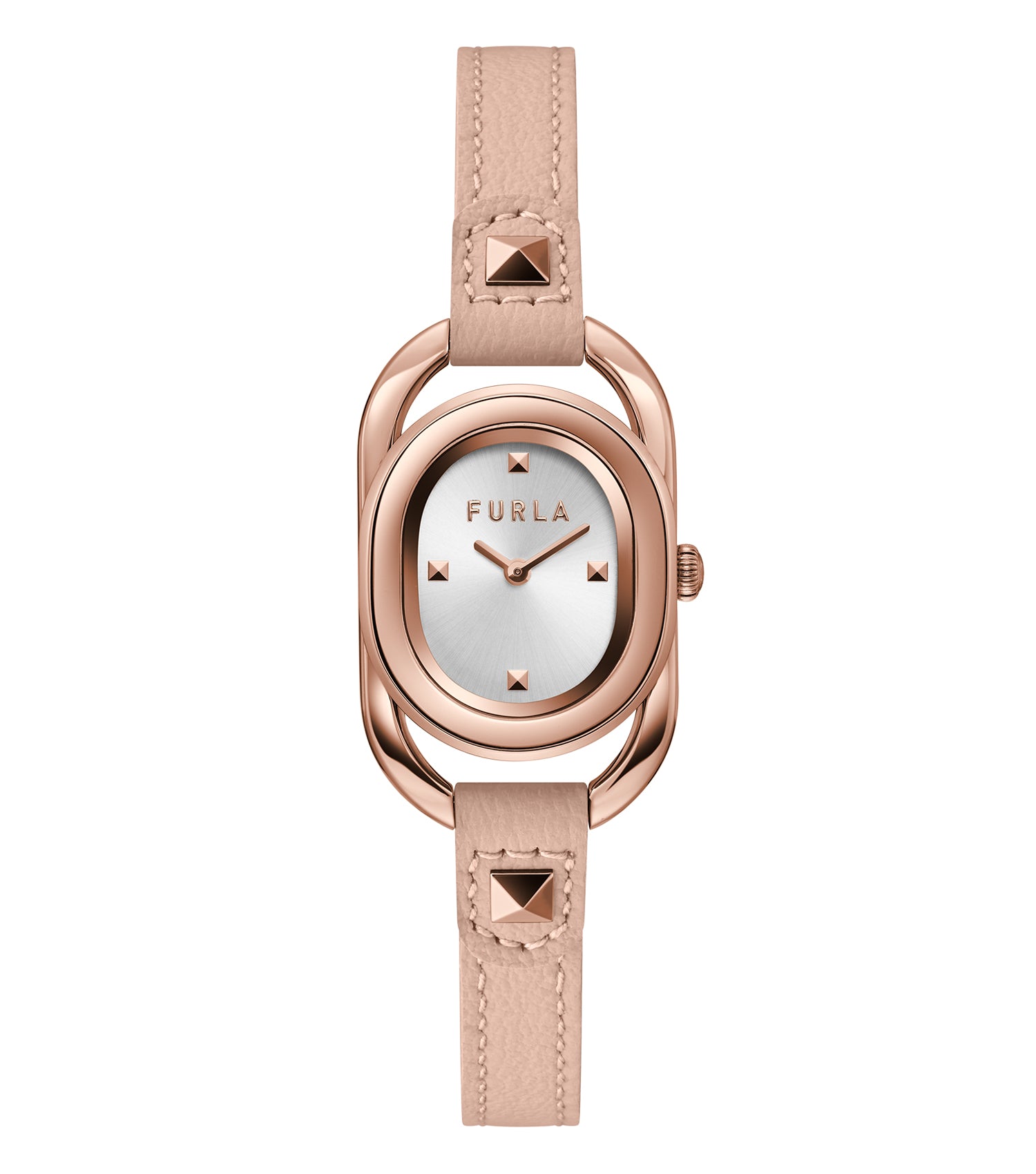 Furla watch in a sleek, monochrome design, angled face view showcasing a minimalist analog display with logo, silver accents.