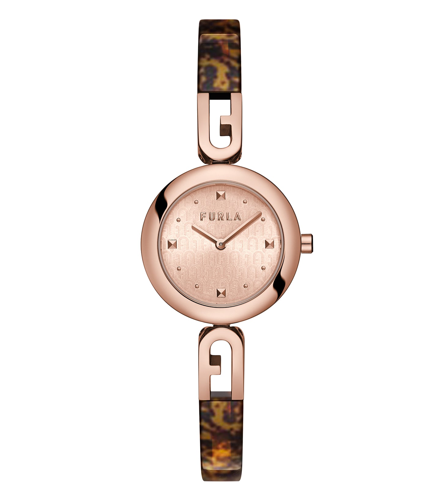 Furla quartz-colored women's watch, top-angle view showcasing minimalist design with elegant round dial and mesh strap