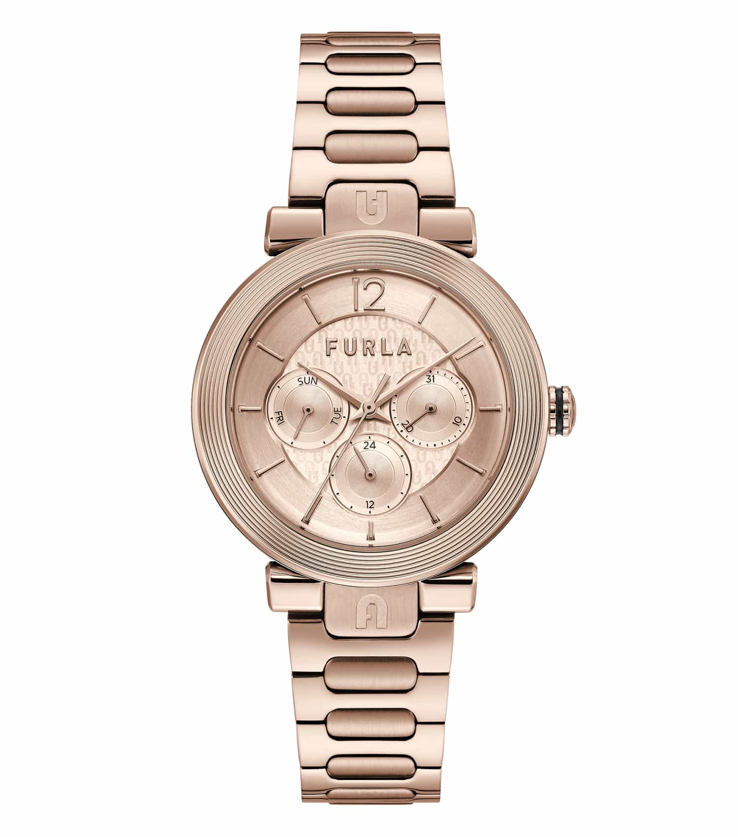 Furla None Color Watch close-up view from front angle, showcasing elegant strap and sleek round dial with minimalist design.