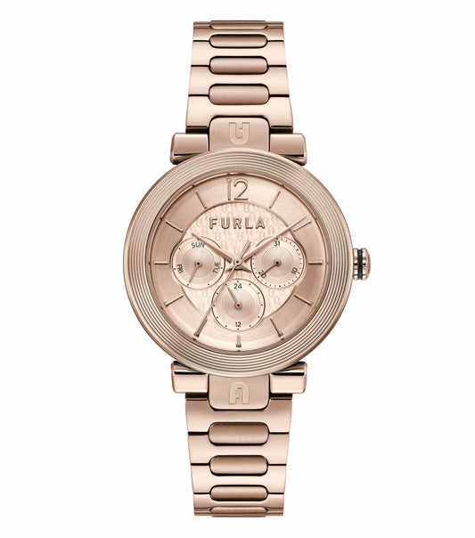 Furla None Color Watch close-up view from front angle, showcasing elegant strap and sleek round dial with minimalist design.