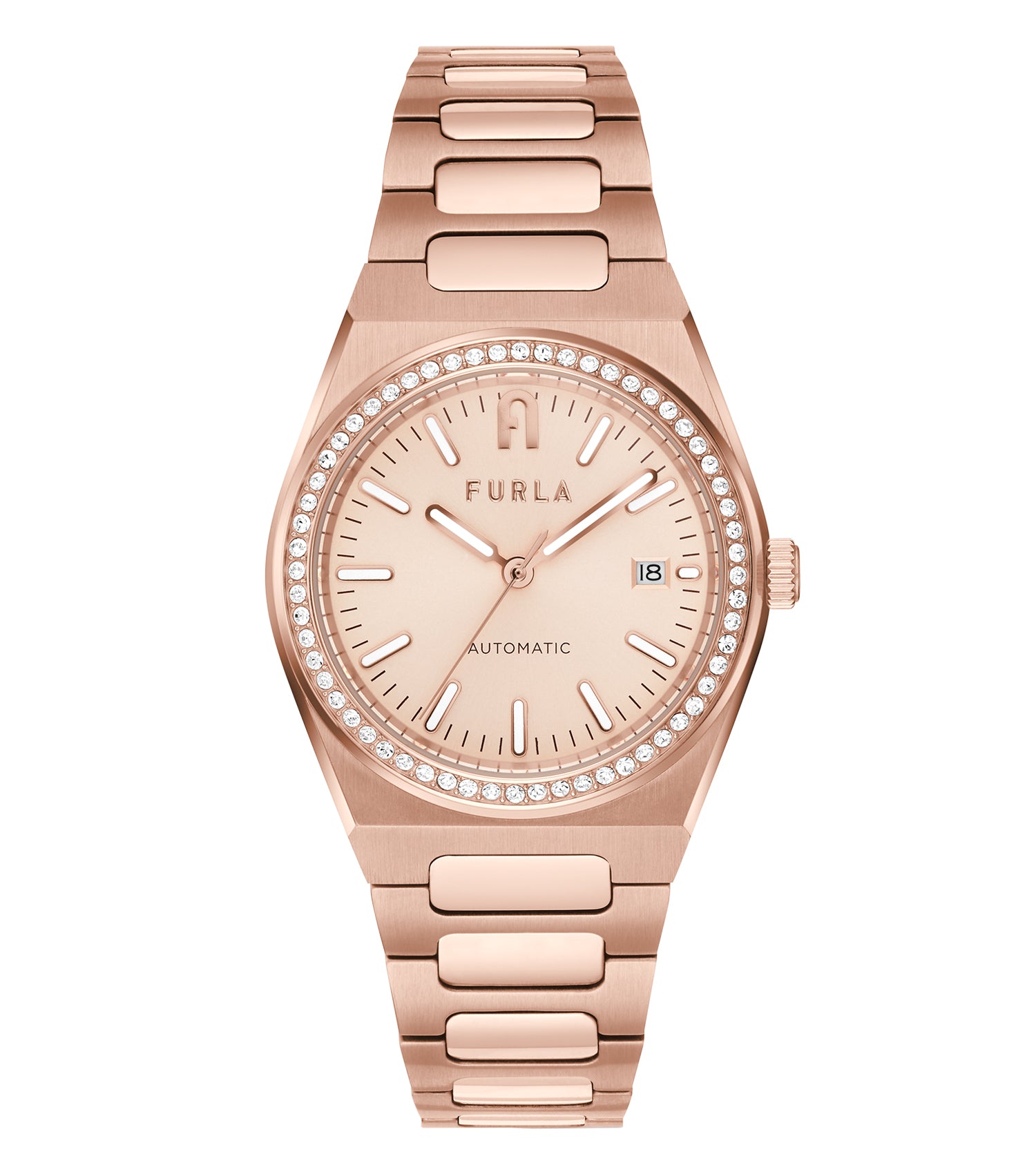 Furla automatic watch with gold accents, showcasing a close-up top view, highlighting its sleek and stylish black dial.