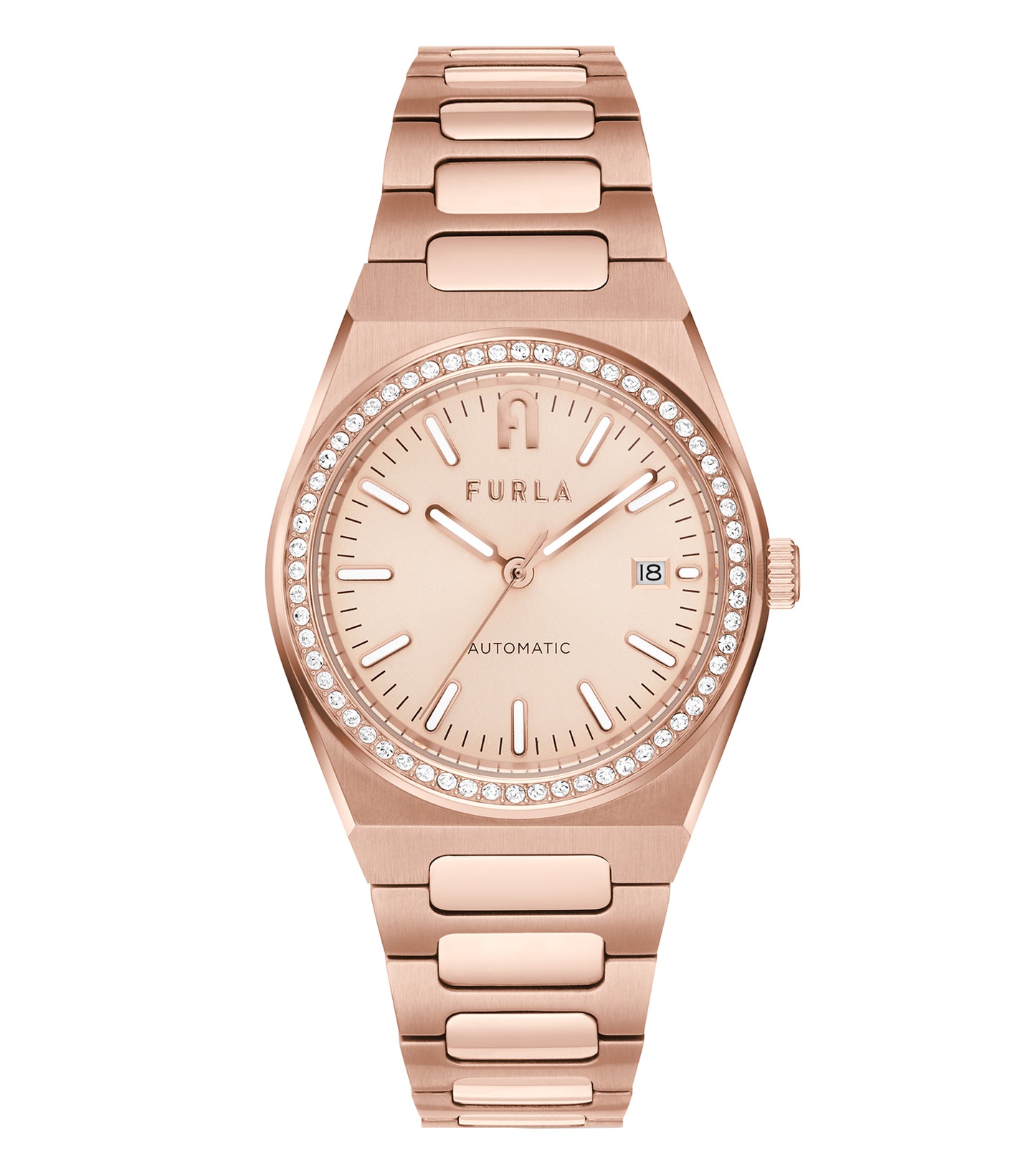 Furla automatic watch with gold accents, showcasing a close-up top view, highlighting its sleek and stylish black dial.