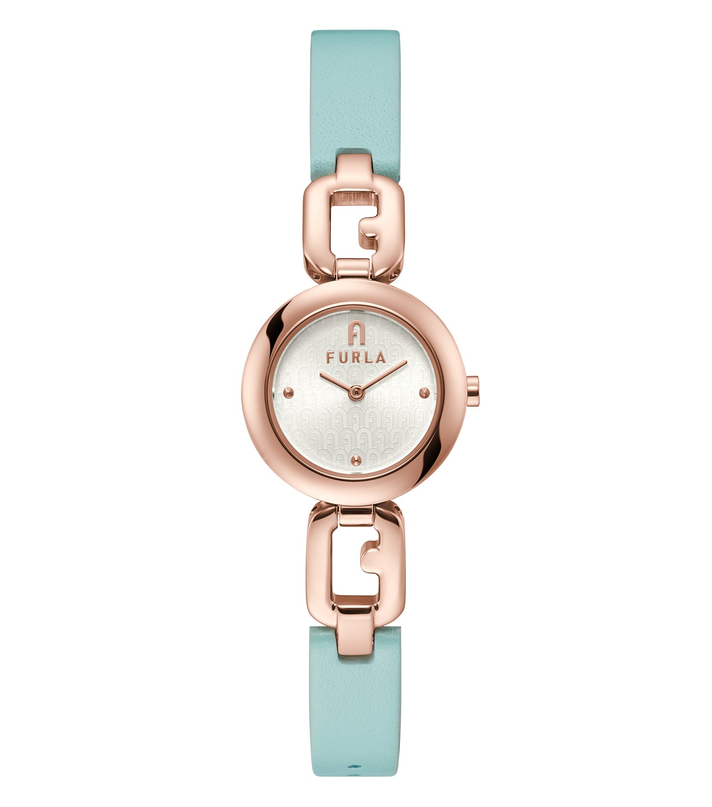 Elegant Furla watch with a sleek black strap, minimalistic round face, gold-toned accents, and side angle showcases timeless design.