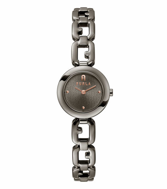 Furla watch in beige color displayed at a 25-degree angle, showcasing its elegant round dial and sleek minimalist design.