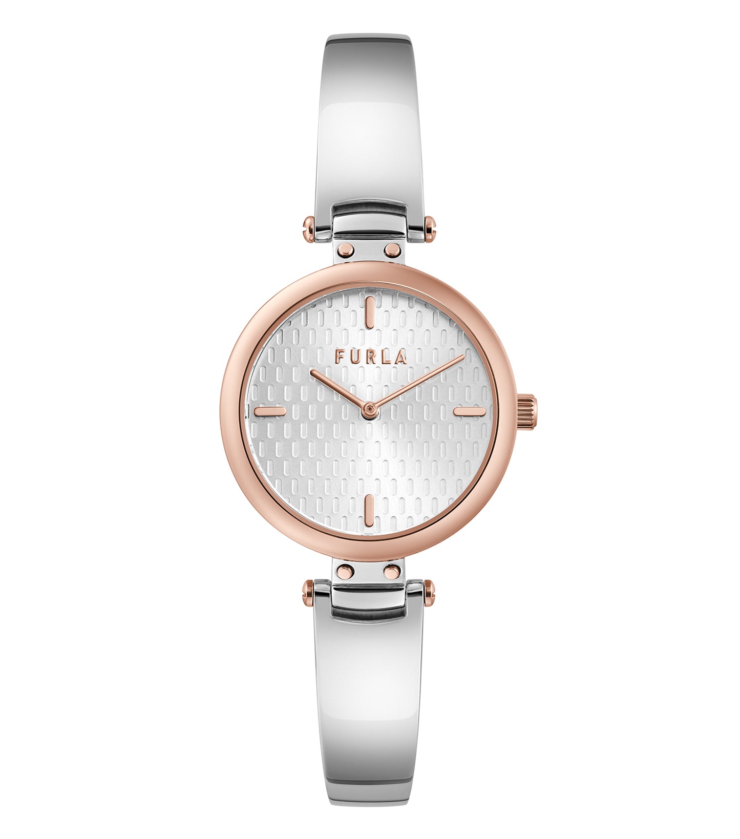 Elegant Furla watch in a sleek monochrome design, featuring a round dial and minimalist strap, perfect side angle view.