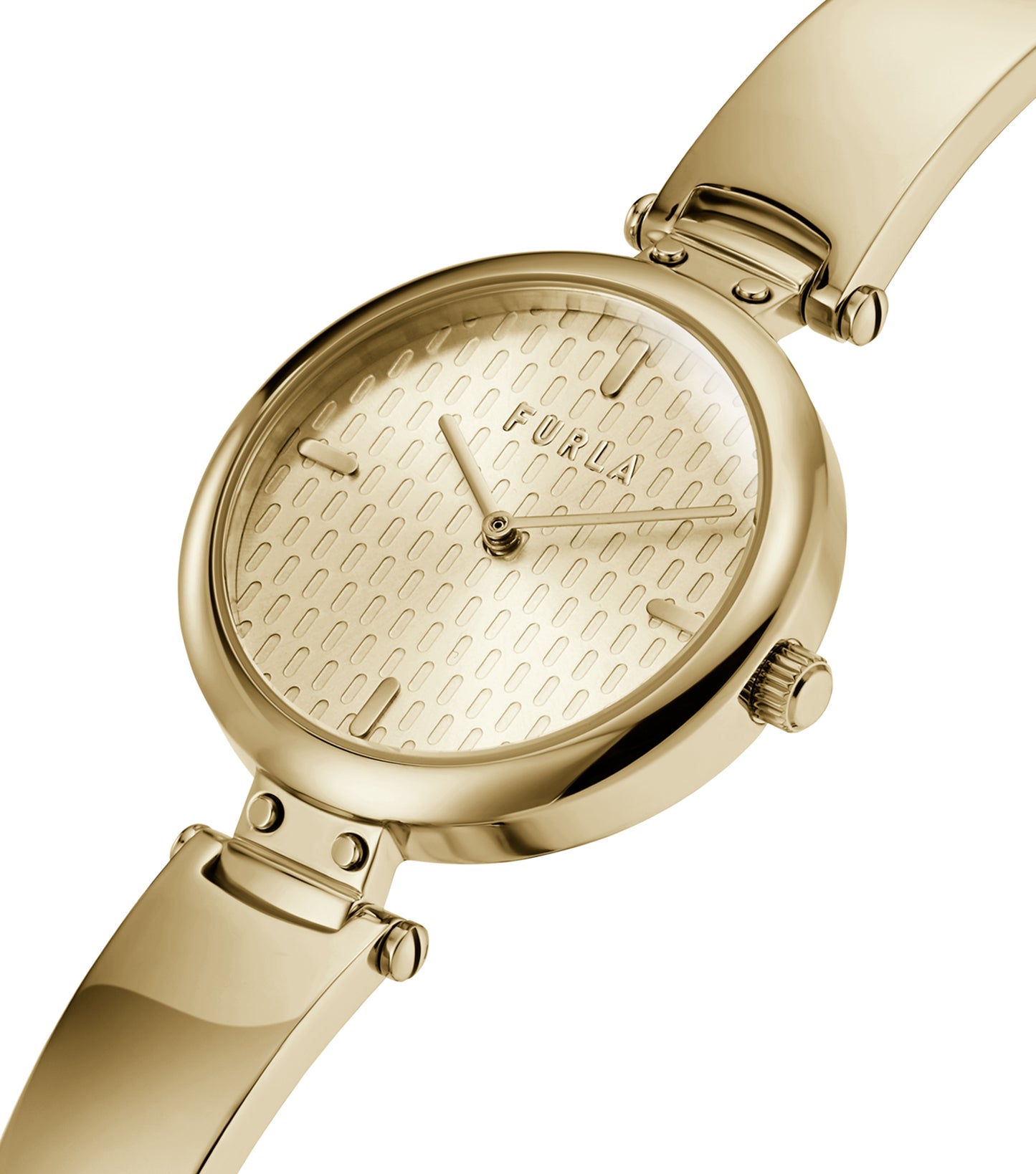 Furla watch with new pin color; elegant design showcased in a 3/4 angle, highlighting its chic pink strap and minimalist face.