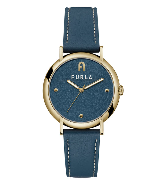 Furla quartz watch in turquoise blue, side angle view, showcasing its elegant dial design and sleek stainless-steel strap.