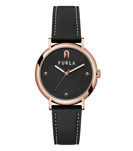 Furla Quartz Watch in a soft peach hue, showcasing a minimalist round face and sleek strap, angled front view, exuding elegance.