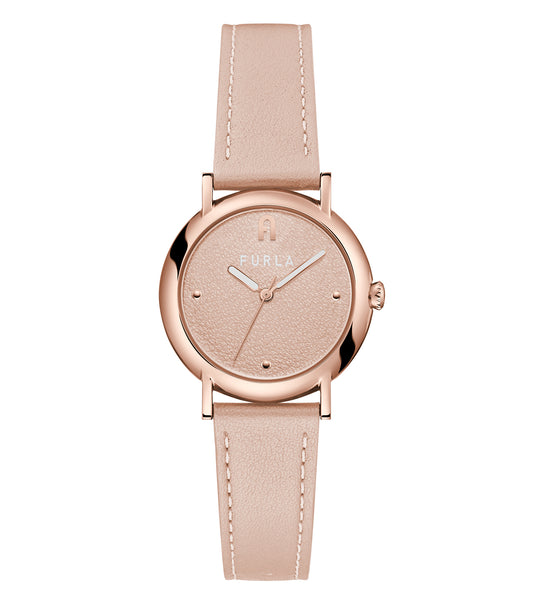 Furla Easy Shape Quartz watch in pastel pink, angled view with a minimalist dial and comfortable strap, embodying elegance and ease.