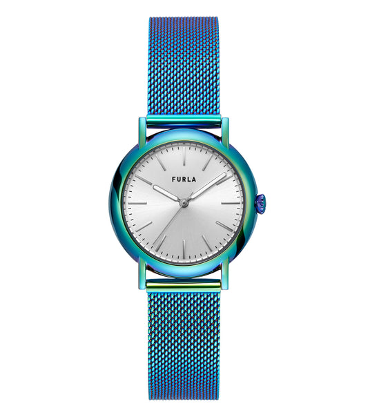Furla watch in a none color, showcasing a 12 o'clock angled view; sleek design with minimalist dial and elegant silver mesh strap.