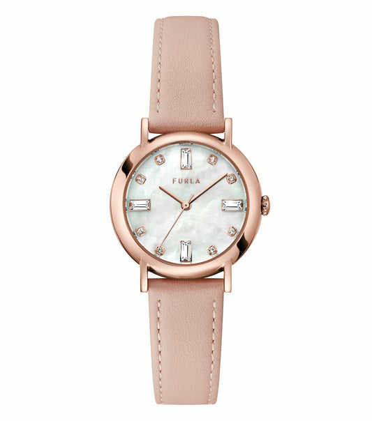 Furla quartz watch in elegant nude color with sleek gold accents, displayed at a three-quarter angle showcasing its minimalist design.