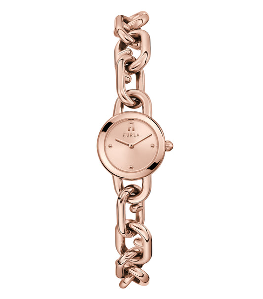 Elegant Furla watch with a beige chain, silver dial, and gold accents, angled slightly left, showcasing luxury and sophistication.