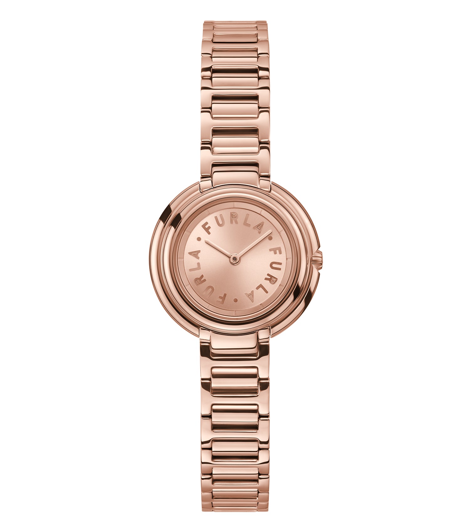 Furla women's watch with a round, soft pink face and gold accents, showing at a slight angle, exudes elegance and style.