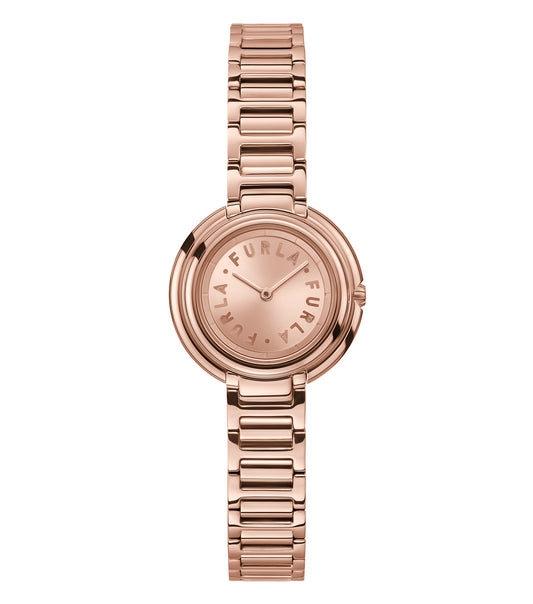 Furla women's watch with a round, soft pink face and gold accents, showing at a slight angle, exudes elegance and style.