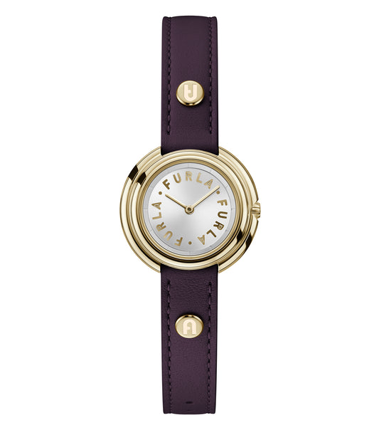 Furla watch with a round gold case, black leather strap, and minimalistic dial, angled view showcasing elegance and sophistication.