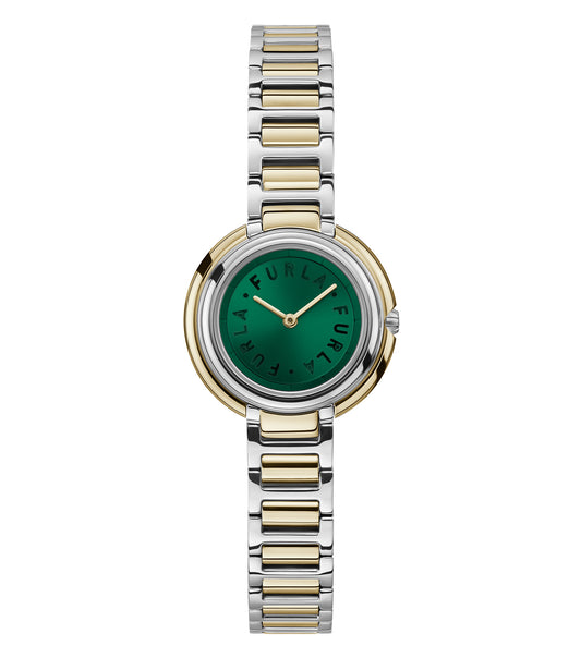 Furla women's watch, front angle view in elegant gold color with minimalistic round dial and sleek bracelet design