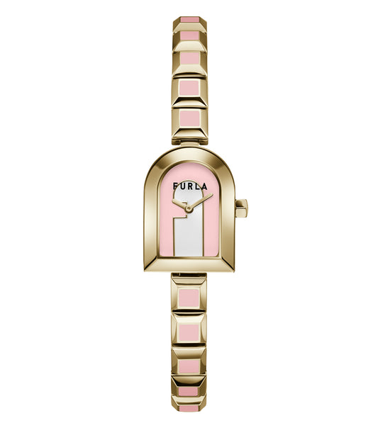 Furla watch in striking gold, minimalist design with diamond-shaped pattern face, angled side profile showcasing elegance.