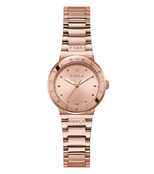 Furla Quartz Watch, top angle view with elegant design, showcasing sleek white strap and minimalist silver casing.