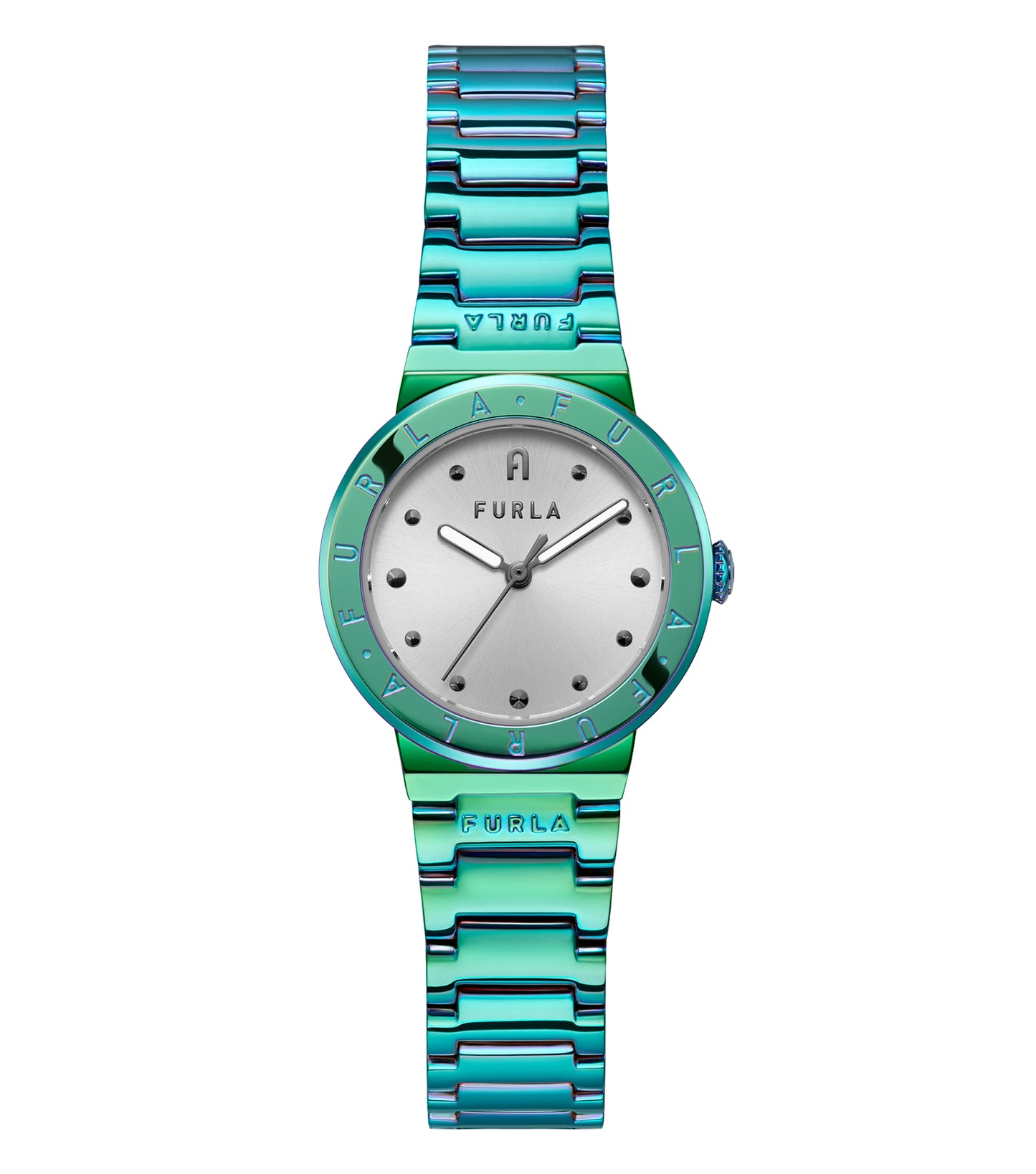 Furla women's watch, elegant minimalist design, neutral color, displaying a side angle view of the stylish round dial and sleek band.