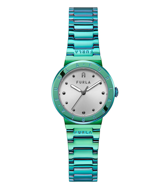 Furla women's watch, elegant minimalist design, neutral color, displaying a side angle view of the stylish round dial and sleek band.