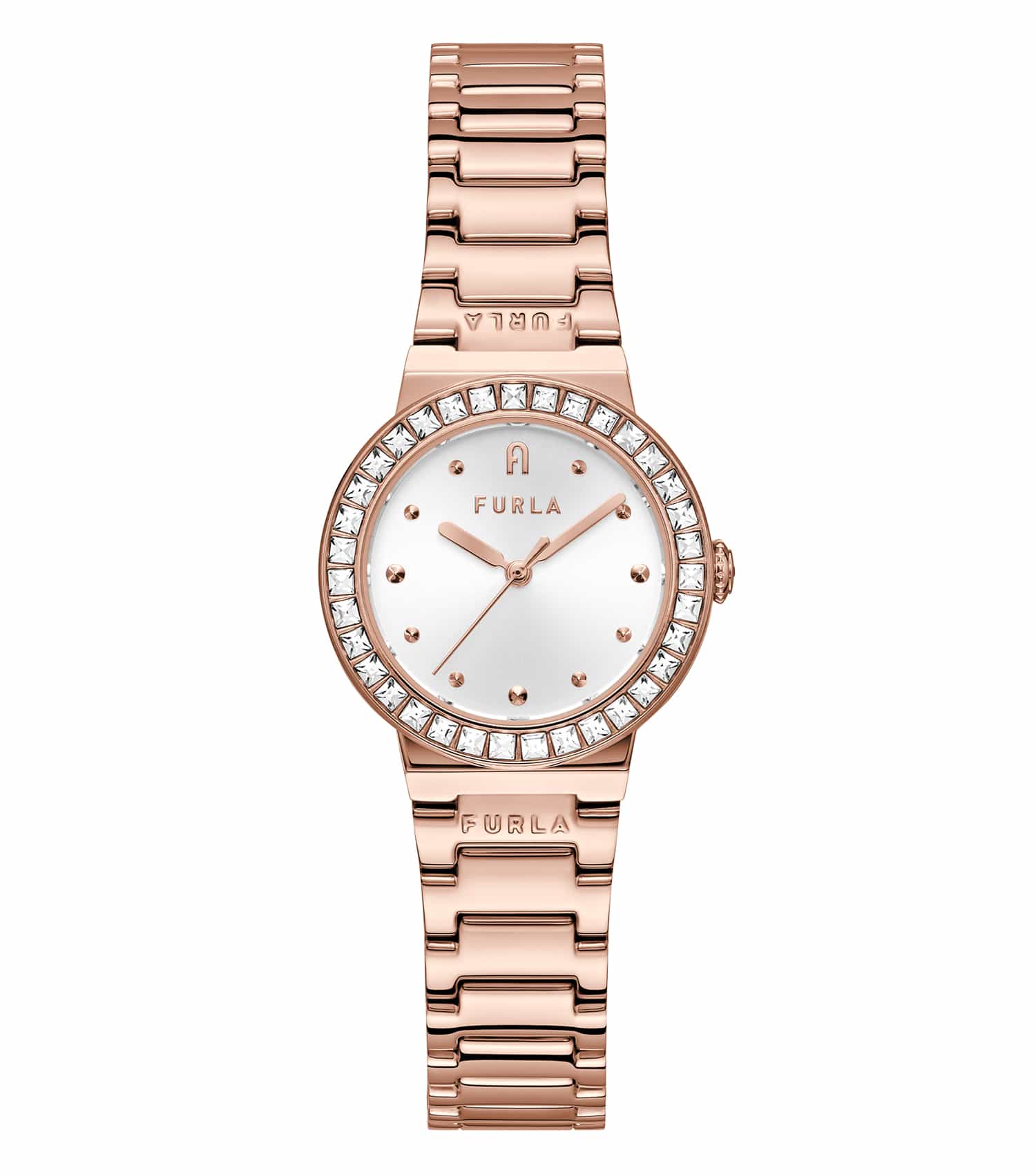 Furla Tortona color watch with silver dial and matching strap, angled slightly from the top left showcasing elegance.