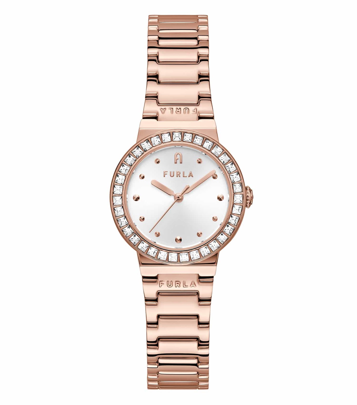 Furla Tortona color watch with silver dial and matching strap, angled slightly from the top left showcasing elegance.