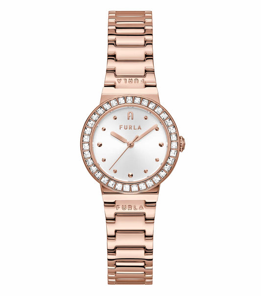 Furla Tortona color watch with silver dial and matching strap, angled slightly from the top left showcasing elegance.