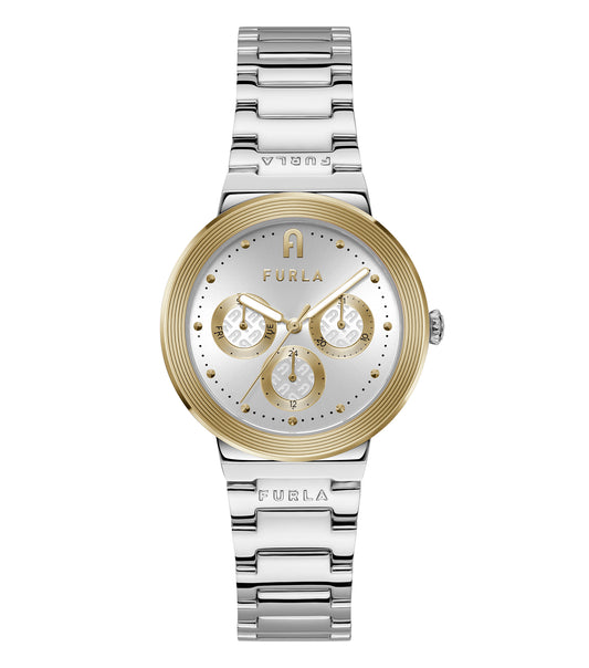 Furla women's watch in a soft pink hue, angled view, showcasing its elegant round dial, minimalist design allure.
