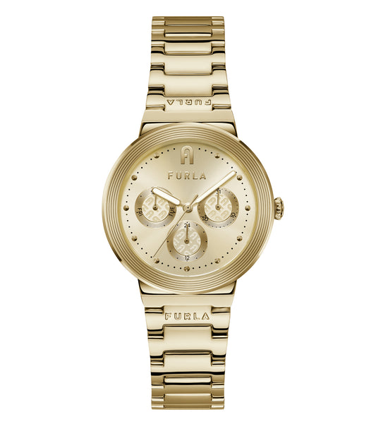 Furla quartz watch in soft beige, angled front view showcasing gold-tone accents and luxurious leather strap, perfect for timeless elegance.