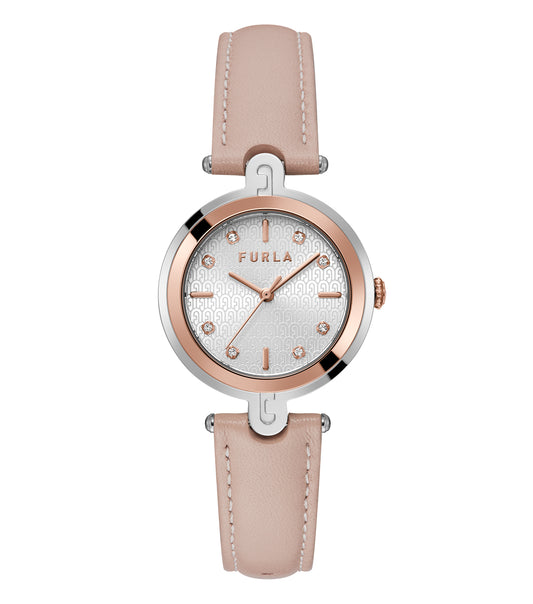 Furla beige watch with sleek round dial, gold-tone bezel, side angle view, showcasing chic design and fine craftsmanship.