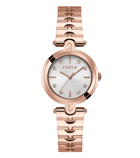Furla rose gold women's watch, side angle, showcasing elegant minimalist design with a sleek round face and mesh strap.