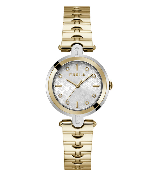 Gold-colored Furla watch, elegant design, side angle, featuring intricate face detail and premium strap, showcasing luxury in timekeeping.