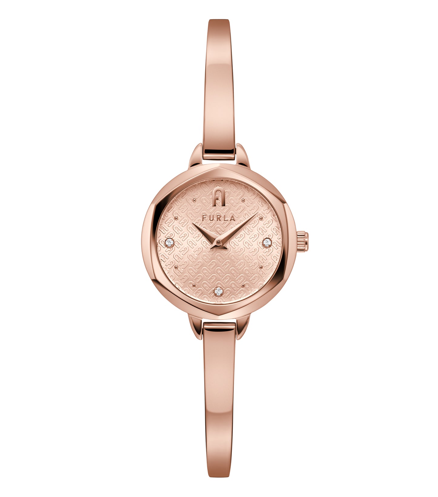 Elegant Furla watch with a silver strap, minimalist black dial, and gold-tone accents, showcased at a stylish angle, radiating sophistication.