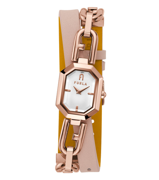  Furla beige watch boasting elegance, featuring a round dial and chic strap, angled slightly from the side for detailed view.