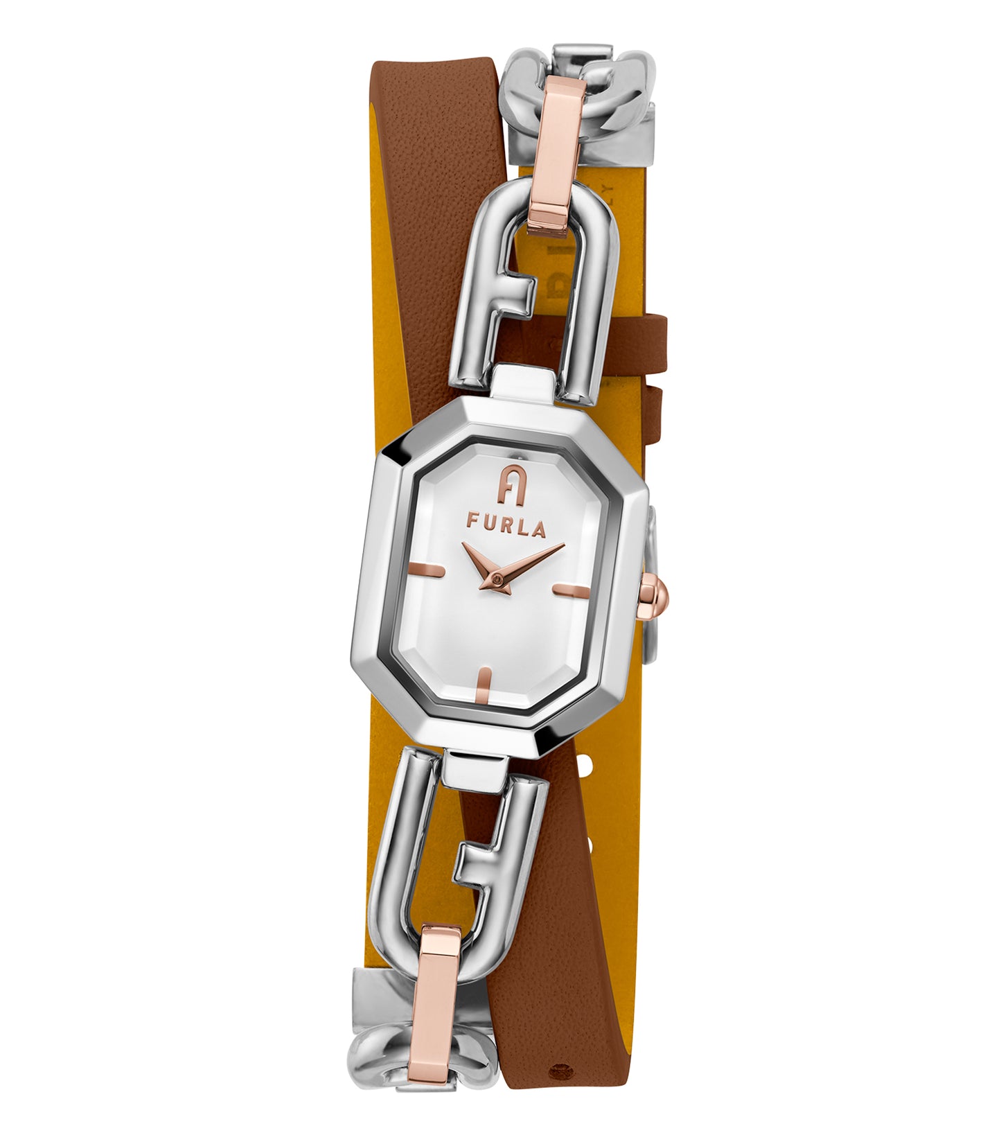 Furla brown watch featuring a smooth leather strap, angled front view showcasing classic round dial with minimalistic design.