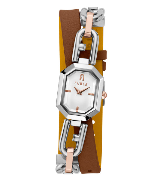 Furla brown watch featuring a smooth leather strap, angled front view showcasing classic round dial with minimalistic design.