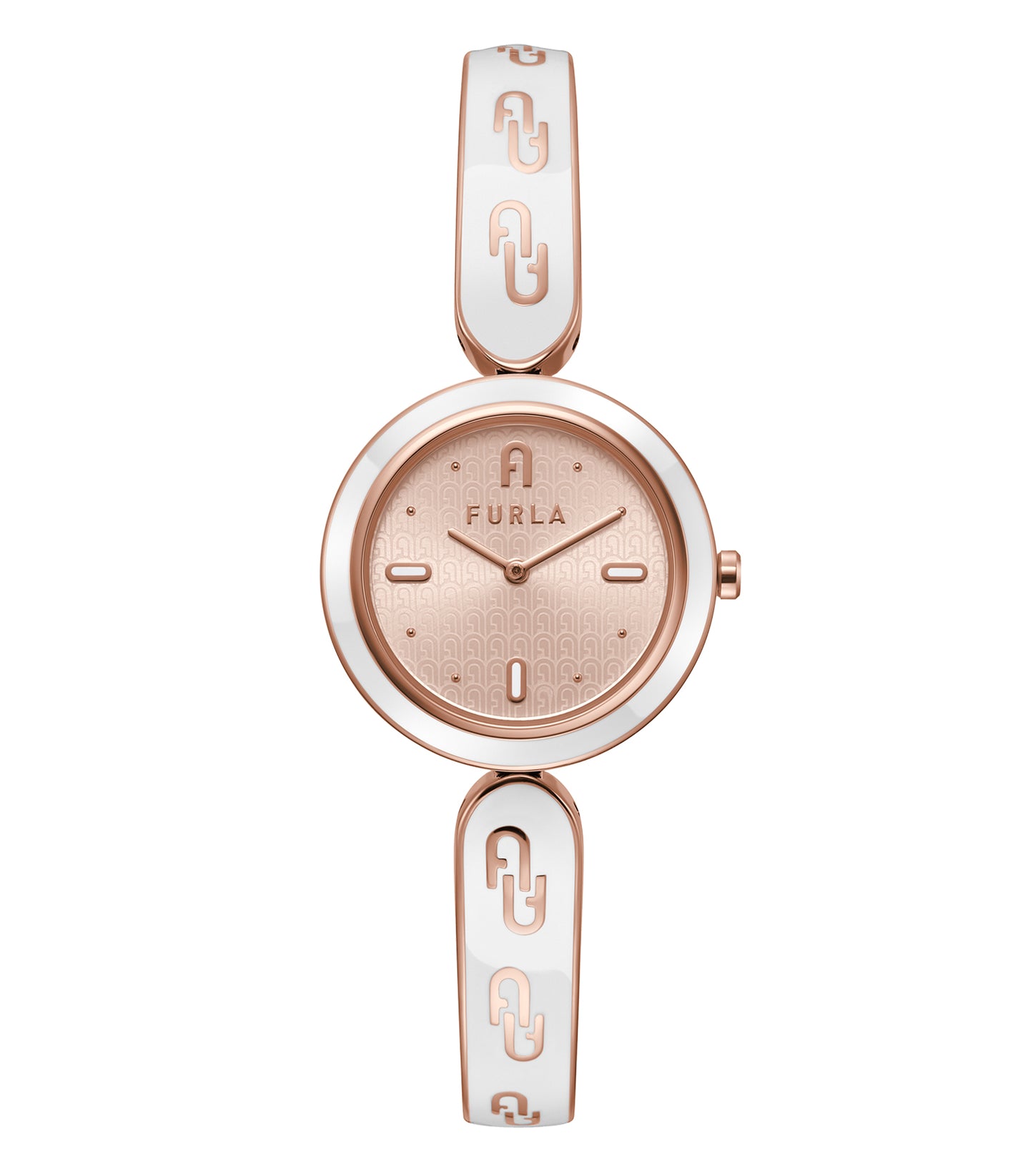 Elegant Furla watch featuring a sleek silver band and minimalist white face, angled slightly to the right, showcasing timeless style.