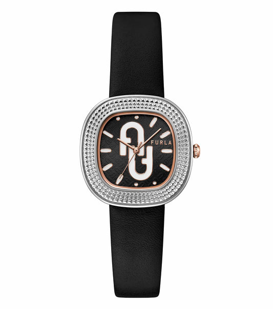 Elegant Furla watch in a classic silver tone, displayed at a slight angle, highlighting its minimalist design and sleek face.
