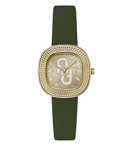 Furla green watch with a sleek design, showcasing front angle; elegant dial, minimalist markers; perfect fashion accessory.