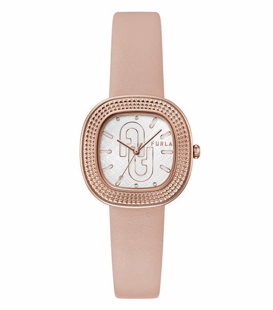 Pink Furla watch featuring a round dial, side profile view, elegant and stylish design perfect for fashion-forward enthusiasts.