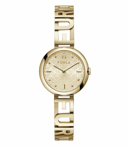 Elegant Furla gold watch showcasing a perfect side angle; highlights sleek bracelet and detailed dial, exuding timeless luxury charm.