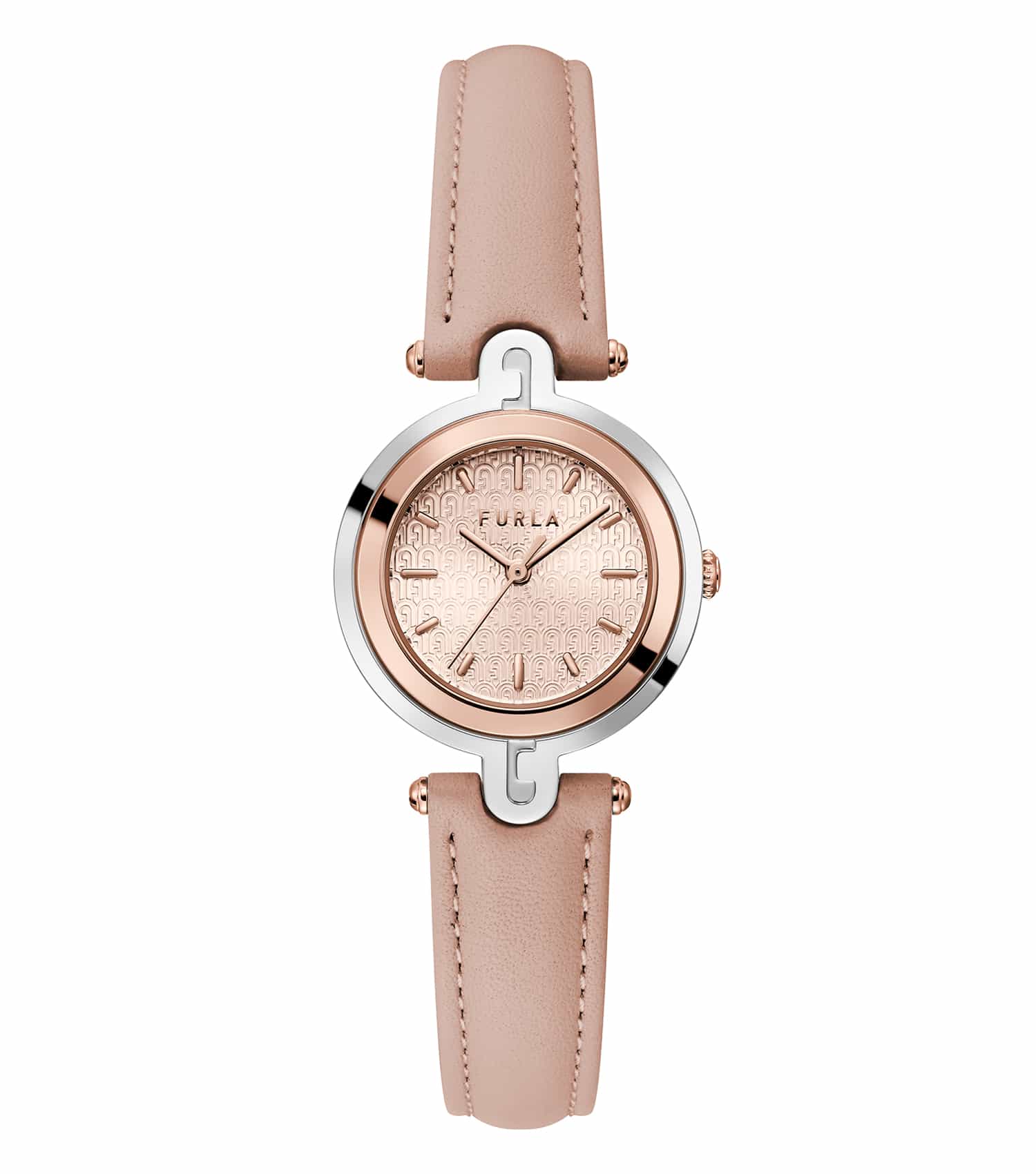 Furla nude color watch angled from the top with gold accents, showcasing minimalist design and leather strap on a solid background.