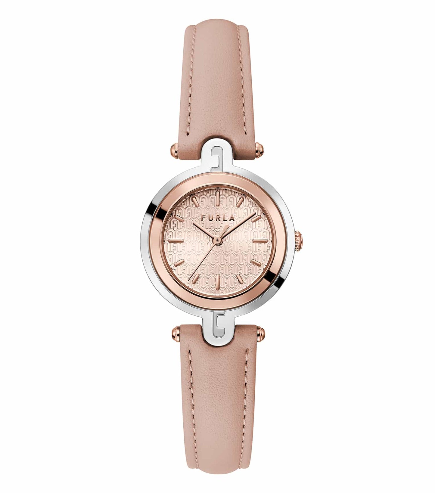 Furla nude color watch angled from the top with gold accents, showcasing minimalist design and leather strap on a solid background.
