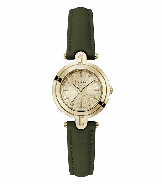 Green Furla watch with elegant green leather strap and gold details, photographed in a side angle, embracing luxury and style.
