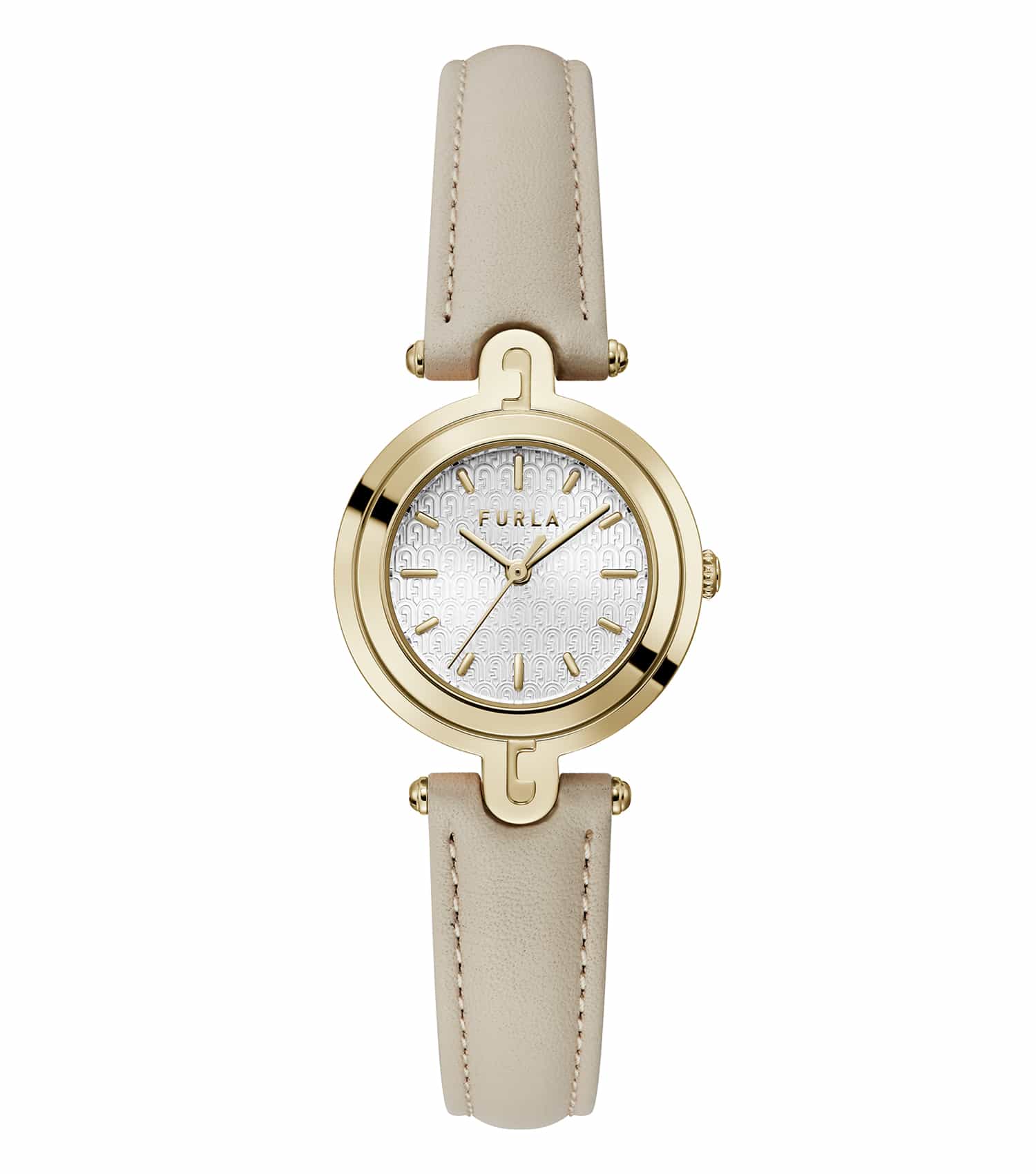 Beige Furla watch showcasing a sleek dial, minimalist markers, and leather strap, angled elegantly from the side.